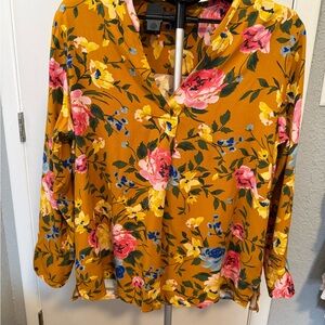 Old Navy Mustard Floral V-Neck Blouse with Pink and Blue Accents